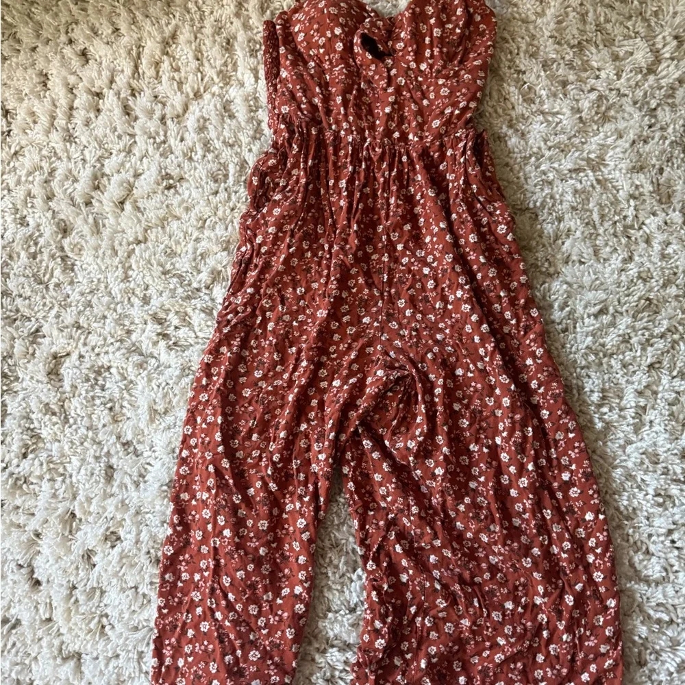 As U Wish Rust Floral Garment jumper jumpsuit fall farmhouse style - Picture 3 of 7